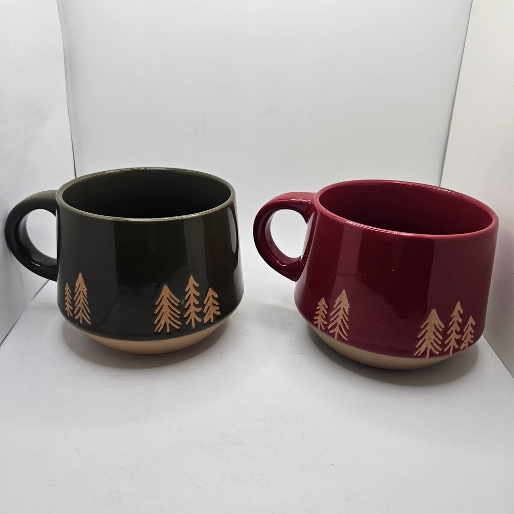 Project 62 Stoneware Mug Set 2 Pine Tree Green Burgundy Red Christmas